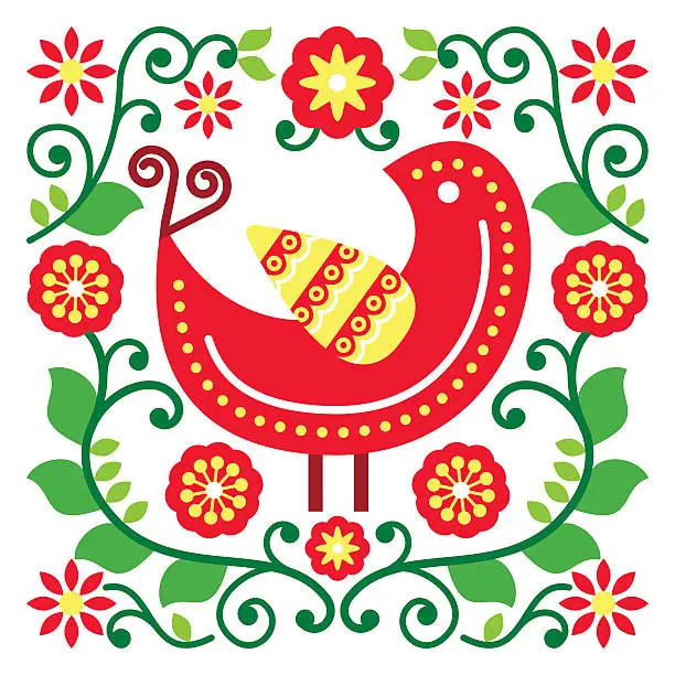 Vector illustration of Folk art vector pattern with bird and flowers