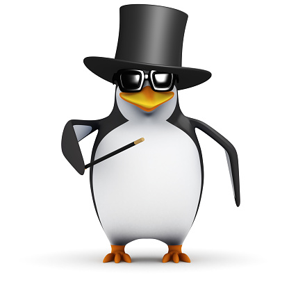 3d render of a penguin wearing a top hat and performing tricks