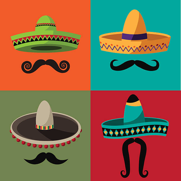 ilustrações de stock, clip art, desenhos animados e ícones de cristine de mayo sombrero e projeto de cartaz de bigode plana - mexican culture cinco de mayo backgrounds sombrero