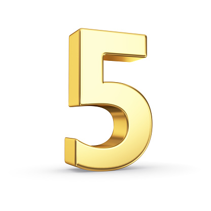 3D golden number 5 - isolated with clipping path
