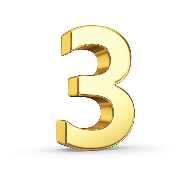 golden número três no branco - number 3 three dimensional shape number photograph - fotografias e filmes do acervo
