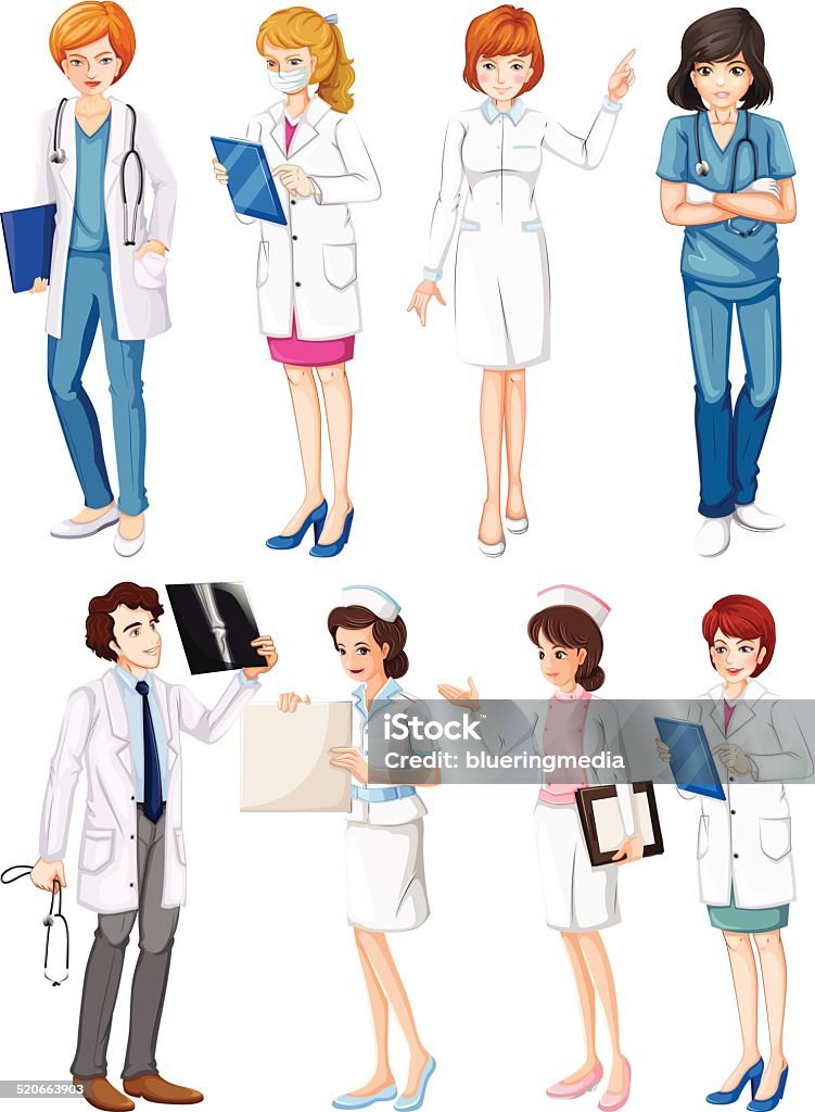 Doctors and nurses Illustration of different poses of doctors and nurses Adult stock vector