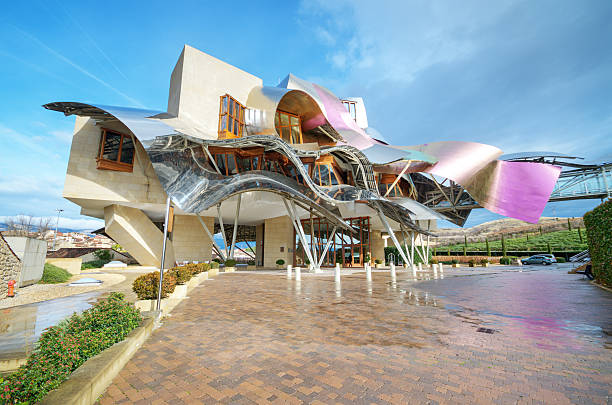 Winery of Marques de Riscal Elciego, Spain - January 5, 2014: Winery of Marques de Riscal on January 5, 2014 in Elciego, Basque Country, Spain. This modern winery was designed by world famous architect Frank Gehry. rioja photos stock pictures, royalty-free photos & images