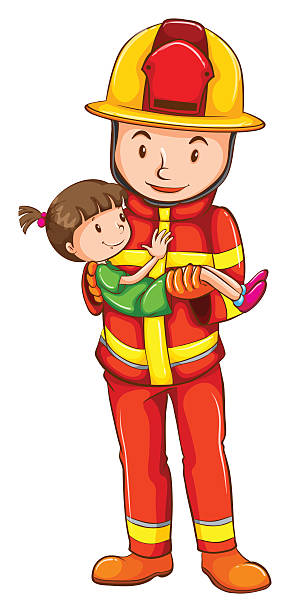 kresba hasiče zachraňujícího mladou dívku - hasiči stock ilustrace