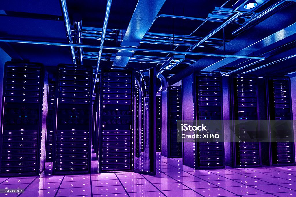 Data center network servers racks with light,3D physically rending high quality. Business Stock Photo