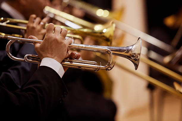 pipes in the hands of musicians - trompet stockfoto's en -beelden