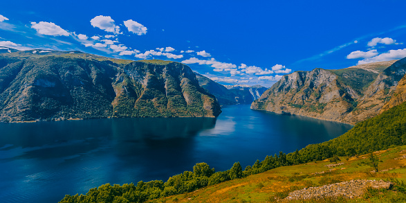 On a Beautiful Summer Day, expansive views of World Famous Geiranger Fjords of Norway.