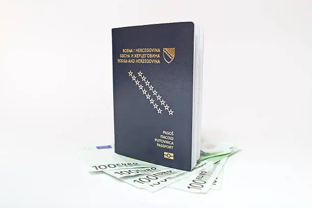 Bosnian passport and money on white background