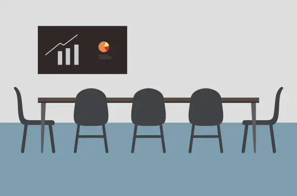 Vector illustration of big meeting room with big table, chairs