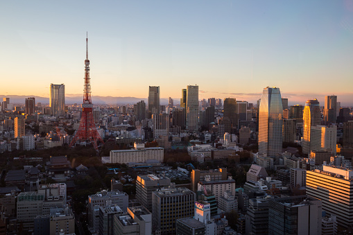 Tokyo, Japan - December 18, 2014: Photograph of Tokyo skyline with Tokyo Tower taken from the World Trade Center.