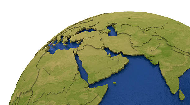 Middle East region on detailed model of planet Earth with visible country borders on green land and waves on the ocean waters.