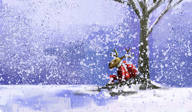 Reindeer in santa suit sitting under a tree Reindeer in santa suit sitting under a tree with falling snow, Digital painting, Acrylic on canvas painting style. christmas oil painting stock illustrations