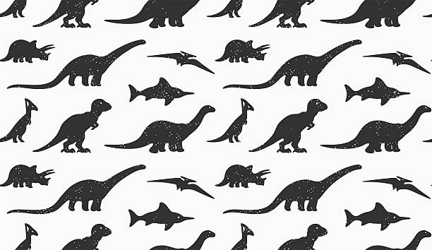 Silhuetas Dinossauros preto sobre fundo branco. Motivo homogéneo - ilustração de arte vetorial