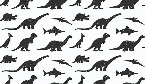 Vector illustration of Dinosaurs black silhouettes on white background. Seamless pattern