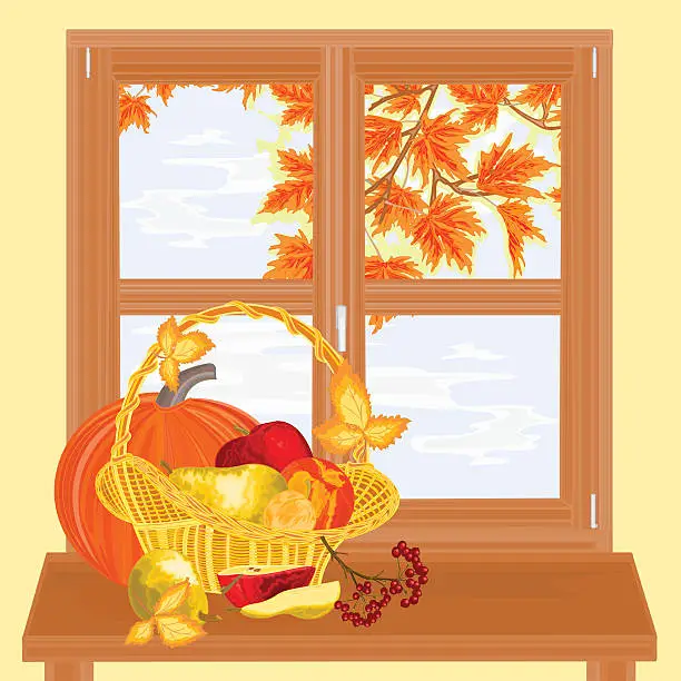 Vector illustration of Window with fruits autumn theme thanksgiving day vector