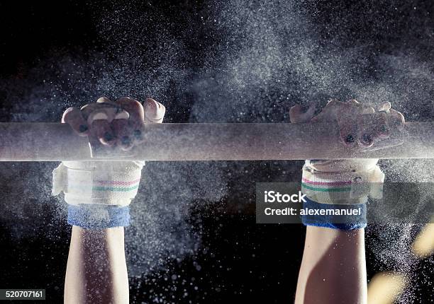 Hands Of Gymnast With Chalk On Bars Stock Photo - Download Image Now - Gymnastics, Sports Chalk, Horizontal Bar