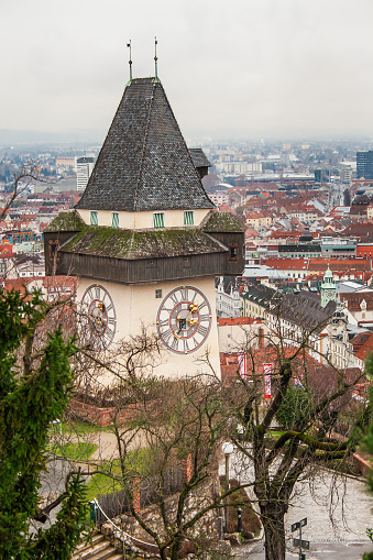 Image of the beautiful Clock tower in Graz, Austria in winter season.