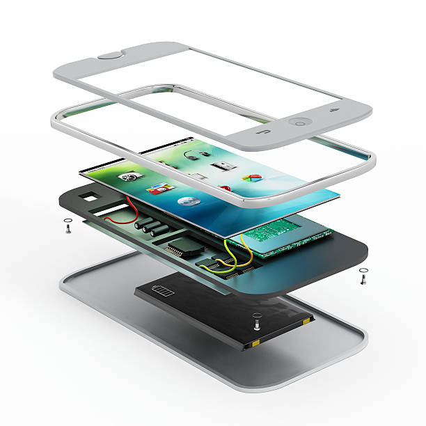 Smartphone technical illustration Technical illustration of a generic smartphone with spare parts. disassembling stock pictures, royalty-free photos & images