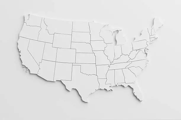paper cutout national map of United States  with isolated background.The map source:https://www.cia.gov/library/publications/the-world-factbook/docs/refmaps.html, reedit with AI, and created the image with C4D.