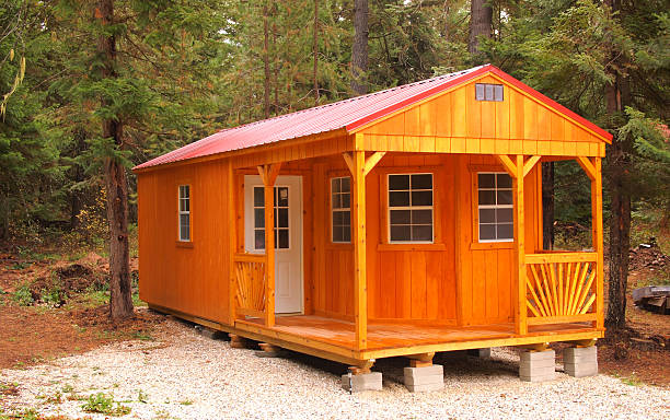 Modern cabin nestled in woods photo. Washington State forest with modern cabin photo. shed stock pictures, royalty-free photos & images