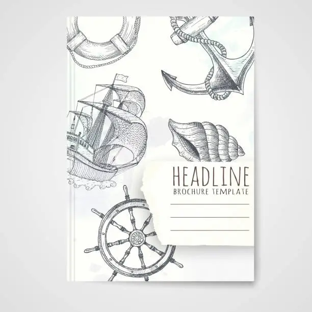 Vector illustration of Notebook template with hand drawn nautical objects.