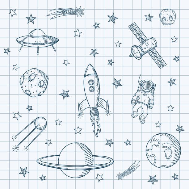 Hand drawn set of astronomy doodles. Hand drawn set of astronomy doodles. Hand drawn vector illustration. astronaut drawings stock illustrations