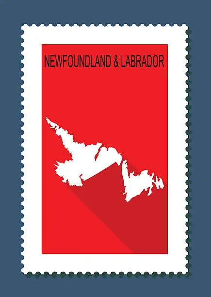 Vector illustration of Newfoundland & Labrador Map on Red Background, Flat Design,stamp