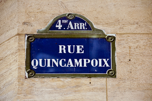 Paris classic blue street sign rue Quincampoix
