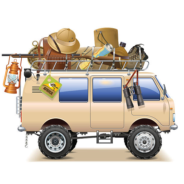illustrations, cliparts, dessins animés et icônes de vecteur voyage voiture safari avec des accessoires - discovery binoculars boy scout searching