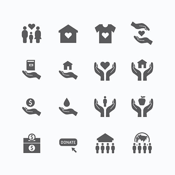 illustrazioni stock, clip art, cartoni animati e icone di tendenza di carità e donazione icone linea piatta silhouette vettoriali - human hand earth holding people