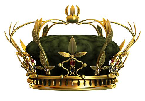 The Royal Coronation Golden Crown with Diamonds over Stones on a black background. 3d Rendering