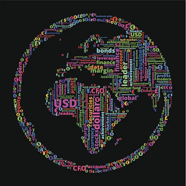 Vector illustration of World Map Globe on Business and Finance Word Cloud