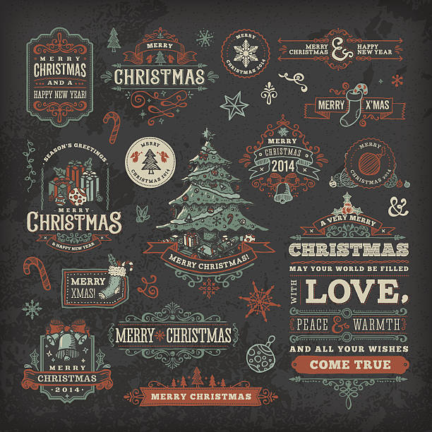 ilustrações, clipart, desenhos animados e ícones de mão desenhadas quadro de natal rótulos & medalhas - christmas season christmas tree nostalgia