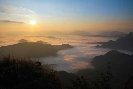 The beauty of the sea fog during sunrise at Phu Chi FAH  National park ,Thoeng District,Chiang Rai Province in Thailand