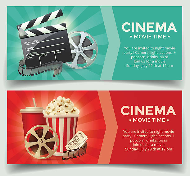 Cinema concept poster template Cinema concept poster template with popcorn bowl, film strip and tickets, realistic detailed vector illustration box container stock illustrations