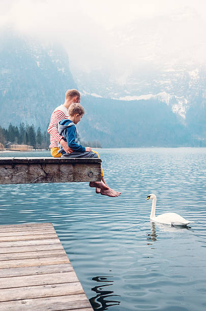 Father with son on pier and look on white swan