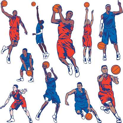 Illustration set of basketball players. All colors are separated in layers. Easy to edit. Black and white version (EPS10,JPEG) included.