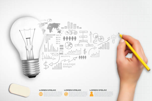 idea bulb hand sketch concept infographic vector Light bulb with plan strategy idea in vector format drawing of metaphor stock illustrations