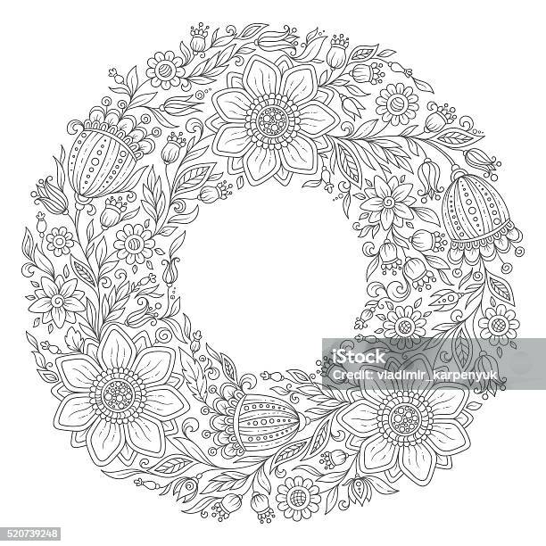 Flowers Wreath Coloring Book Page For Adult Stock Illustration - Download Image Now - Abstract, Adult, Autumn