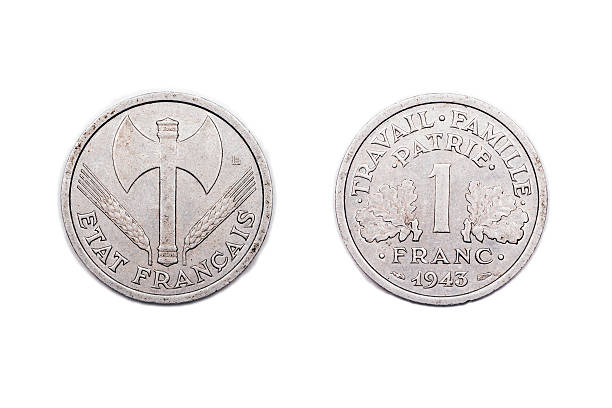 A one franc coin from wartime France minted in 1943 and made from base metals.