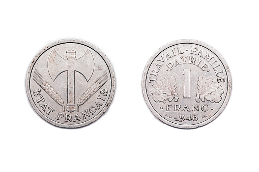 A one franc coin from wartime France minted in 1943 and made from base metals.