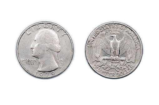 A quarter Dollar coin from the USA minted 1979 isolated on a white background.