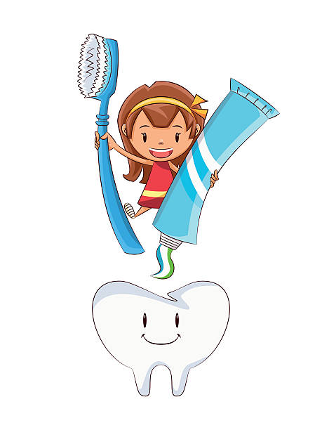 女の子 トゥースブラッシング - smiling human teeth toothbrush moving up点のイラスト素材／クリップアート素材／マンガ素材／アイコン素材