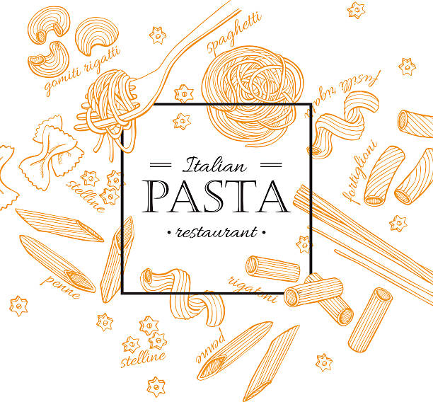 ilustraciones, imágenes clip art, dibujos animados e iconos de stock de vector de ilustración vintage de pasta italiana en el restaurante. dibujado a mano - italian cuisine