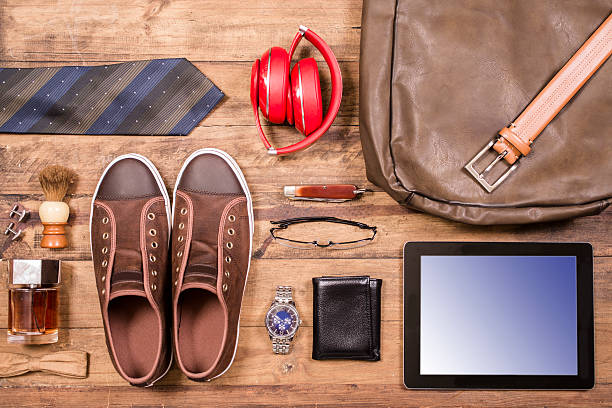 istock Men's accessories organized on table.  No people.  Knolling. 520745174