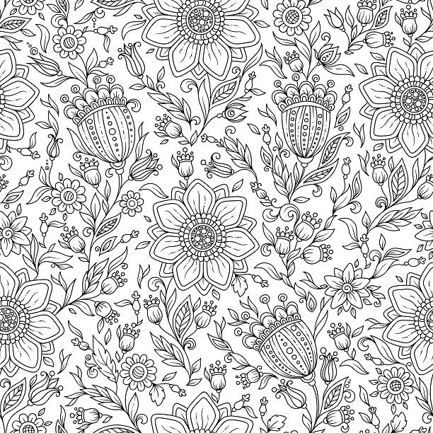 Vector Monochrome Floral Background. Seamless floral doodle background pattern in vector. Design asian, ethnic, tribal pattern. Black and white background. Coloring book. Sunflower coloring illustrations stock illustrations