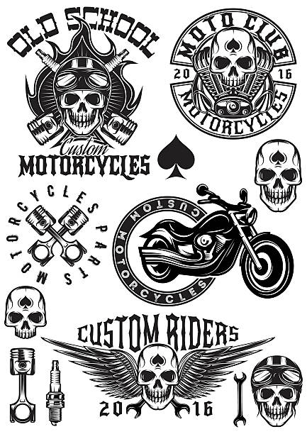 set of badges, logos on theme motorcycles with skulls set of vector badges, logos, design elements on a theme motorcycles with skulls helicopter seat stock illustrations