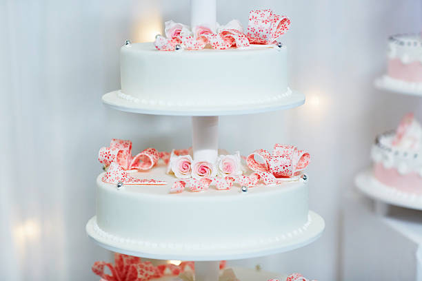 istock Wedding cake decorated with pink sugar ribbons 520746876