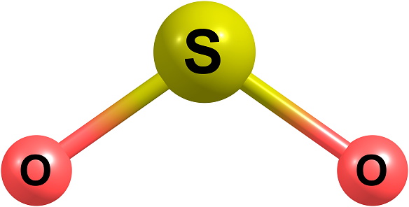 3D illustration of Sulfur dioxide or sulphur dioxide. It is the chemical compound with the formula SO2. At standard atmosphere, it is a toxic gas with a pungent, irritating smell.