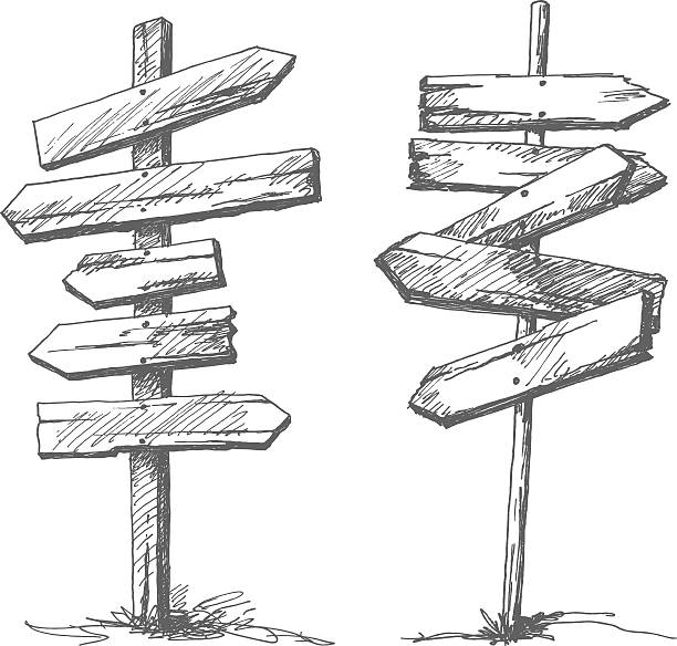 Hand drawn wooden road signs Hand drawn wooden road signs pointing in different directions. Vector illustration. Isolated in white background. crossroads sign stock illustrations